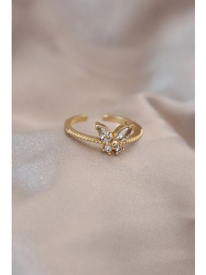 Flamex Ayarlamalı Altın Renk Metal Zirkon Taş ve Kristal Taşlı Kelebek Model Yüzük