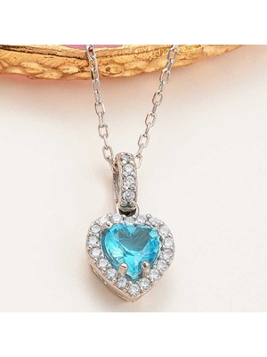 Epilons 925 Ayar Gümüş Turkuaz Taşlı Kalpli Kadın Kolye T8065 (1021)