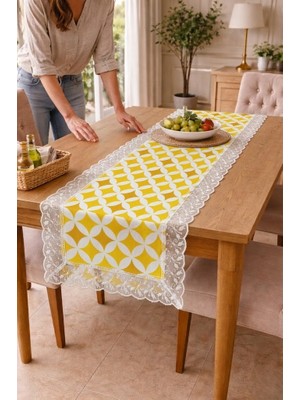 Rona Home Lüks Runner Sarı Yıldız Desenli Danteli Şık Dekoratif Masa Ranırı (Runner)