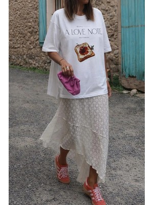 Monila Kadın Premium Kumaş Ekru Baskılı Oversize T-Shirt