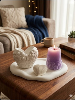 Doğal Dekoratif El Yapımı Beton Obje ve Kokulu Mum Seti - Lila & Beyaz