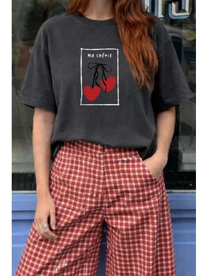 Monila Kadın Premium Kumaş Antrasit Baskılı Oversize T-Shirt