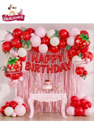Bkmc Party Çilek Temalı Doğum Günü Süsleme Seti | Happy Birthday Balon + Balon Zinciri + Arka Fon Parti Dekoru