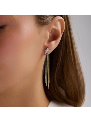 Sembol Gold 14 Ayar Altın Yıldız Sallantılı Zincir Küpe 3,10 gr 6,5 cm