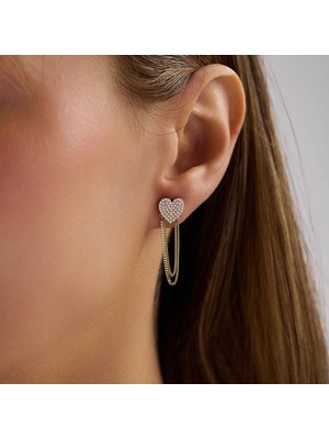 Sembol Gold 14 Ayar Altın Taşlı Kalp Zincir Sallantılı Küpe 2,45 gr 3 cm