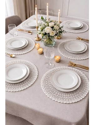 Dilex DİLEX 6’lı Nakışlı Supla Seti 37 cm – Beyaz (Kırık Beyaz/Ekru) Dantel Detaylı Amerikan Servis – Şık Sofra Sunumu