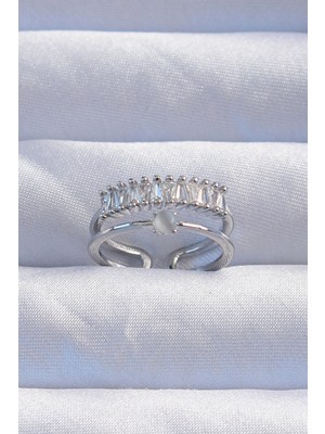 Esranın Dünyası Pirinç Gümüş Renk Sedefli Zirkon Taşlı Su Yolu Model 2li Görünüm Ayarlanabilir Yüzük Rseb