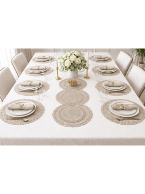 Dilex DİLEX Nakışlı Runner Masa Örtüsü ve 12 Adet Supla Seti – Bej Renk, 37 cm Supla, 37x115 cm Runner, Şık Sofra Dekorasyonu