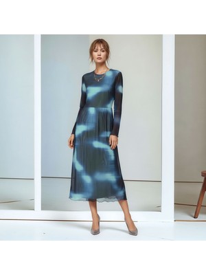 Mamayaga Kadın Uzun Kol Maxi Uzun Boy Şık Esnek Büyük Kalıp Bisiklet Yaka Batik Desen Elbise