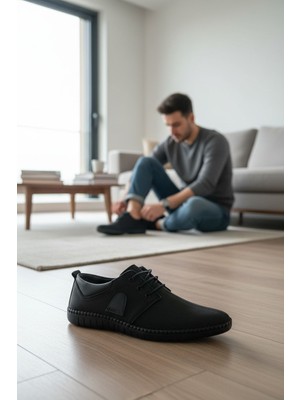 Enoch Loft Stil Serisi Siyah Süvet Kavisli Dikiş Detaylı Esnek Deri Günlük Ayakkabı