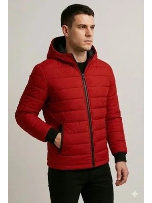 Adisia Erkek Şişme Kapüşonlu Fermuarlı Mont Su Itici Kapitone Astarlı Kumaş Cepli Kışlık Rahat Kalıp - Kırmızı