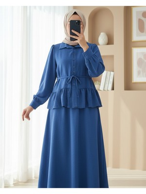Moda Morfo Parçalı Büzgülü Bluz Etekli Takım -İndigo