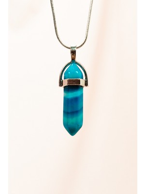 Mavi Akik Doğal Taşı Zincirli El Yapımı Tasarımlı Kolye Uç: 3,5 cm Zincir: 20 cm Kutulu