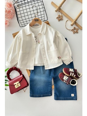 Miniğimin Cicileri Elegance Gül Nakışlı Ceketli Denim Pantolonlu Kız Çocuk 3’lü Kombin - Ekru