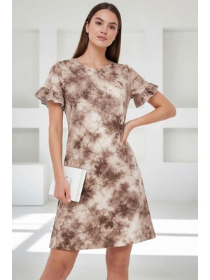 Mamayaga Kadın Bisiklet Yaka Kısa Volanlı Kol Viskon Günlük Midi Boy Desenli Casual Elbise