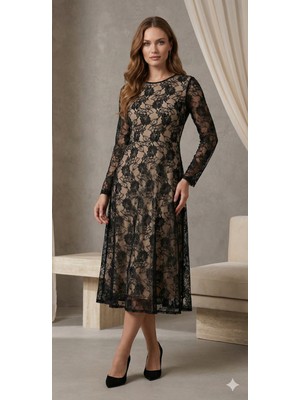 Munn Collection Kadın Uzun Kollu Bisiklet Yaka Dantelli Astarlı Midi Elbise