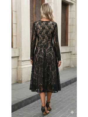 Janes Kadın Uzun Kollu Bisiklet Yaka Dantelli Astarlı Midi Elbise