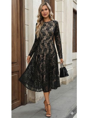 Nnstartshopping  Kadın Uzun Kollu Bisiklet Yaka Dantelli Astarlı Midi Elbise