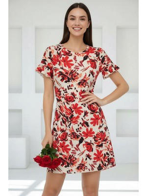 Mamayaga Kadın Bisiklet Yaka Kısa Volanlı Kol Viskon Günlük Midi Boy Desenli Casual Elbise