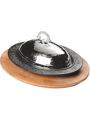 Starseven Lava Döküm Oval Döner, Kebap Tabağı Kayın Servis Ahşabı Bakır Dövme Formlu Kapak Ölçü 28X20CM.