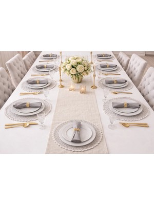 Dilex DİLEX Nakışlı Runner Masa Örtüsü ve 12 Adet Supla Seti – Beyaz (Kırık Beyaz/Ekru)