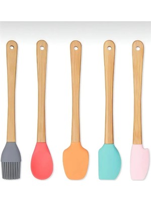 Zemira 5&amp;#39;li Renkli Ahşap Saplı Silikon Uçlu Spatula Fırçalı Kaşık Seti -Yemek Hazırlık Seti 21 cm