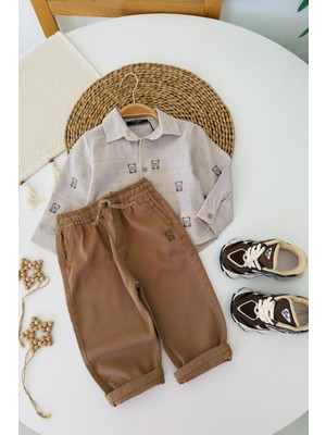 Miniğimin Cicileri Bear Nakışlı Çizgili Gömlekli Pantolonlu Erkek Bebek Takım - Kahverengi