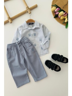 Miniğimin Cicileri Bear Nakışlı Çizgili Gömlekli Pantolonlu Erkek Bebek Takım - Mavi
