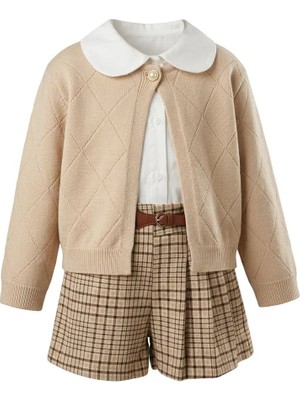 Lumia Kız Çocuk 3’lü Şık Takım – Gömlek, Ekose Şort Etek ve Hırka Kombin