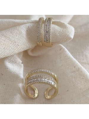 Museum Of You Çok Sıralı Zirkon Taşlı Ayarlanabilir Kadın Yüzük 14K Altın Kaplama Renk Şık Tasarım