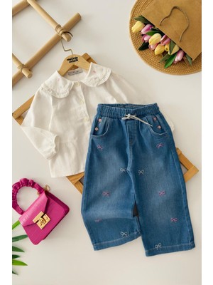 Miniğimin Cicileri Fiyonk Nakışlı Gömlekli Denim Pantolonlu Kız Çocuk Premium 2 Li Takım - Mavi