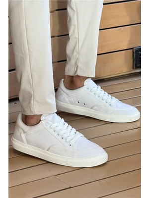 Roof Atelier Erkek Beyaz Keten Bağcıklı Spor Ayakkabı  - 2505 - Keten