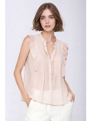 Mamayaga Kadın Dik Yaka Yarım Pat Düğmeli Fırfır Kol Şifon Şık Ofis Bluz