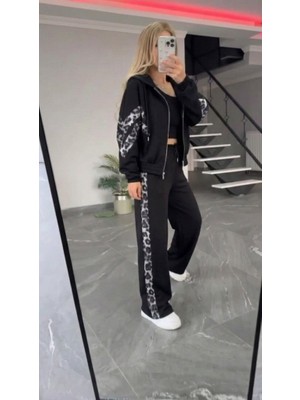 Janes Kadın Uzun Kollu Kapşonlu Önü Fermuarlı Leopar Desenli Modal Bluz ve Pantolon Ikili Takım