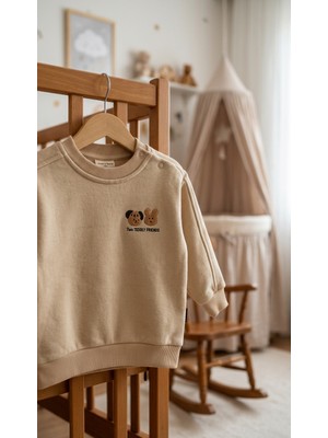 Tuffy Bej Ayıcık Nakışlı Bebek Sweatshirt – Pamuklu Çocuk Sweat Unisex