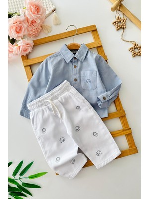 Miniğimin Cicileri Safari Fil Nakışlı Gömlek Pantolon Erkek Bebek Takım - Mavi