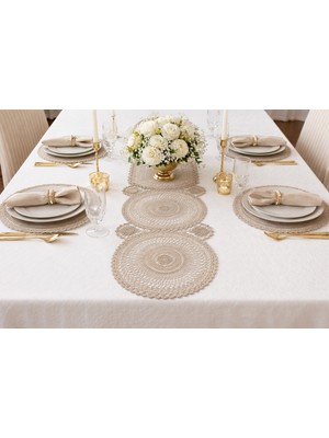 Dilex DİLEX Nakışlı Bej Runner Masa Örtüsü ve 4 Adet Supla Seti – Dantel Detaylı Şık Sofra Dekoru 37 cm Supla 37x115 Runner