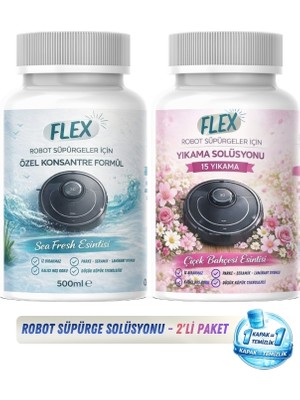Flex Robot Süpürge Yüzey Temizleme Solüsyonu 500 ml x2 Adet | Moplu Robotlar ile Uyumlu | Düşük Köpük | İz Yapmaz - 2 Farklı Koku (Çiçek Bahçesi ve Okyanus Esintisi)