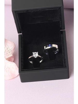 By Barun Alyans Tektaş Yüzük Seti 925 Ayar Zirkon Taşlı Beyaz Silver Gümüş Yüzük Seti Nişan Düğün Alyans