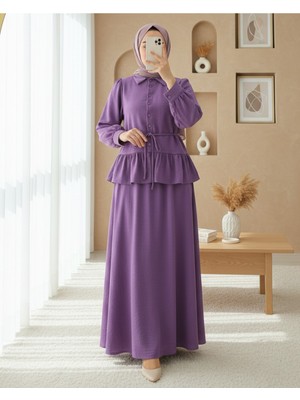 Modamorfo Parçalı Büzgülü Bluz Etekli Takım -Mor