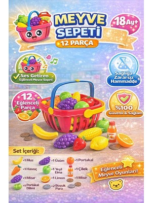Denapcal Meyve Sepeti Oyuncak 12 Parça – Çocuk Market Alışveriş Sepeti Oyuncak Seti 18 Ay+