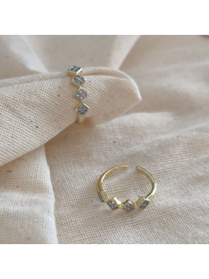 Museum Of You Kadın 14K Altın Kaplama Zirkon Taşlı Geometrik Kare Tasarım Minimal Ayarlanabilir Yüzük