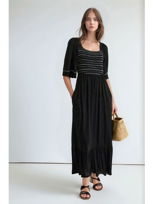 Mamayaga Kadın Kare Yaka Yarım Kol Maxi Boy Günlük/casual Yazlık Viskon Spor Şık Elbise