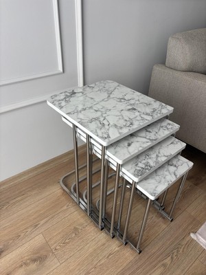 Başaran Mobilya Metal  Tekerlekli Krom Beyaz Mermer Zigon Sehpa