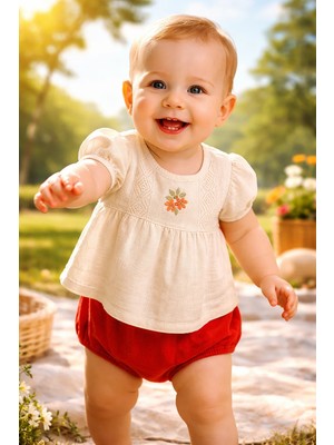 Almira Anne Bebek Bebek Kız Takım Yazlık Keten Krem Renk Çiçek Işlemeli