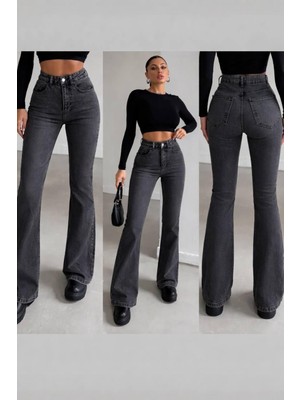 Butik Kadın Füme Yüksekbel Ispanyol Paça Jean Pantolon