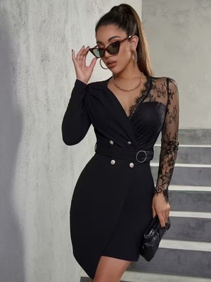 Gacha Kadın Uzun Kollu Kruvaze Yakalı Önden Düğmeli Kısa Ithal Krep Elbise