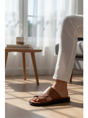 Enoch Hakiki Deri Erkek Çapraz Bantlı Düz Taban Anatomik Terlik