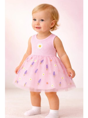 Almira Anne Bebek Yazlık Bebek Elbise Pembe Çiçek Nakışlı Kız Çocuklar Için