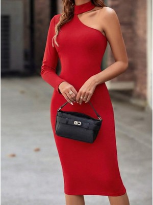 Ulak Handmader Kadın Tek Omuzdan Açık Uzun Kollu Balıkçı Yaka Midi Ithal Krep Elbise